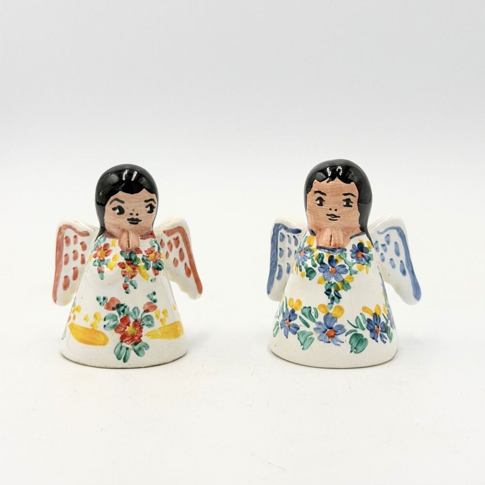 Vintage Mexican Ceramic Angel Figurines Pair Hand Painted Floral Folk Art Signed